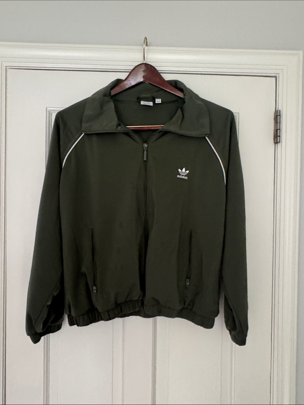 Adidas Originals Women's Olive Green Track Jacket with Sleeve Spellout Text